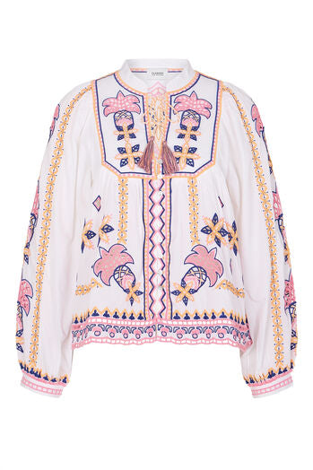 Bluse mit Hohlsaumstickerei - weiß/ rot