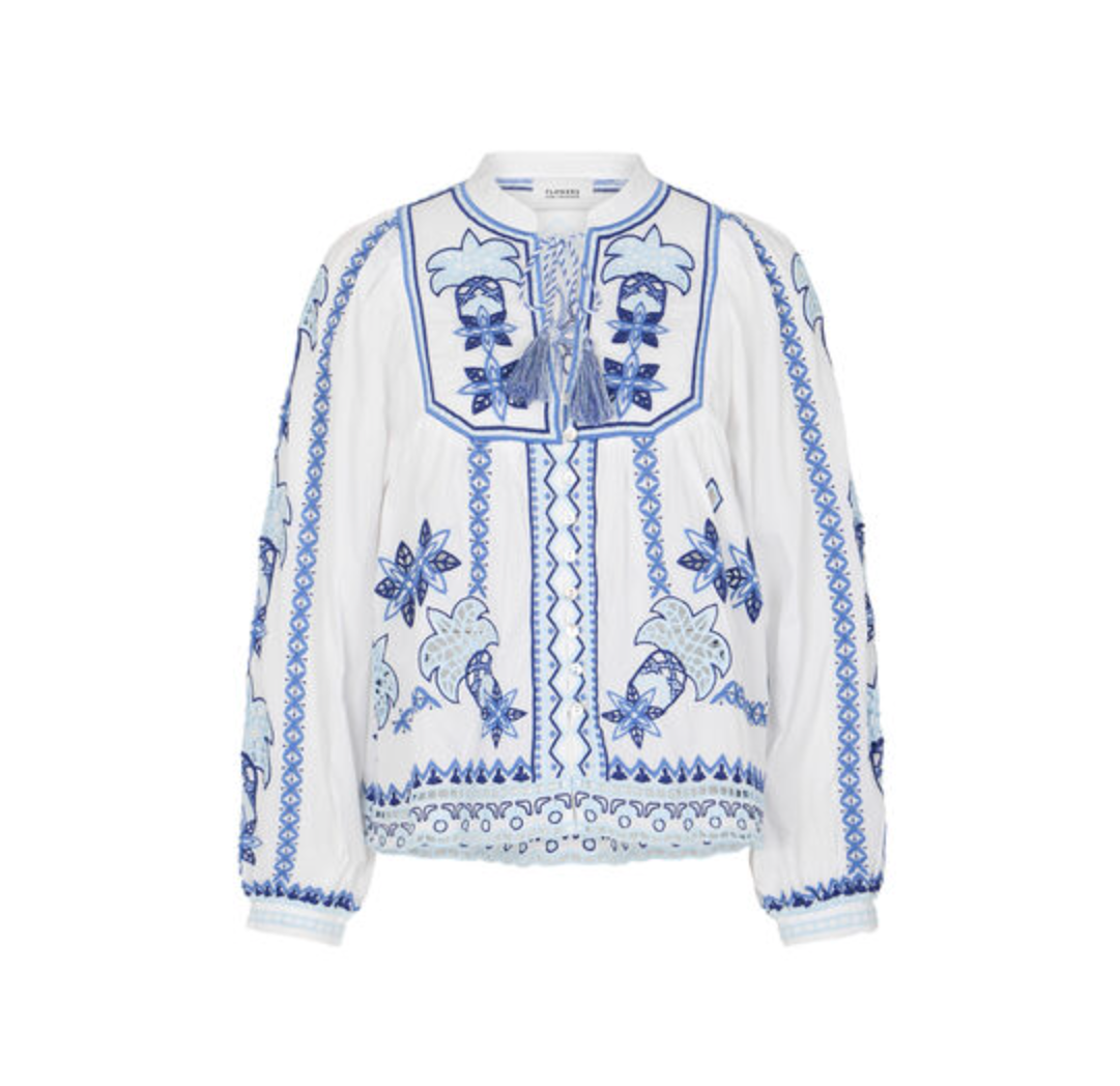 Bluse mit Hohlsaumstickerei - weiß/ blau
