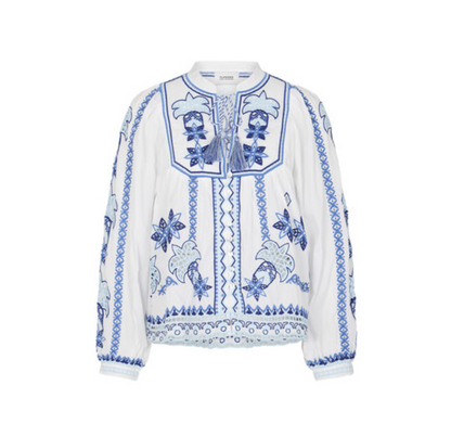 Bluse mit Hohlsaumstickerei - weiß/ blau