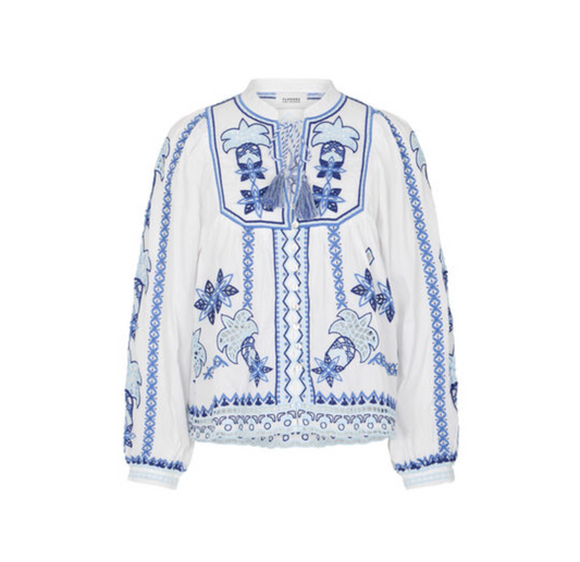 Bluse mit Hohlsaumstickerei - weiß/ blau