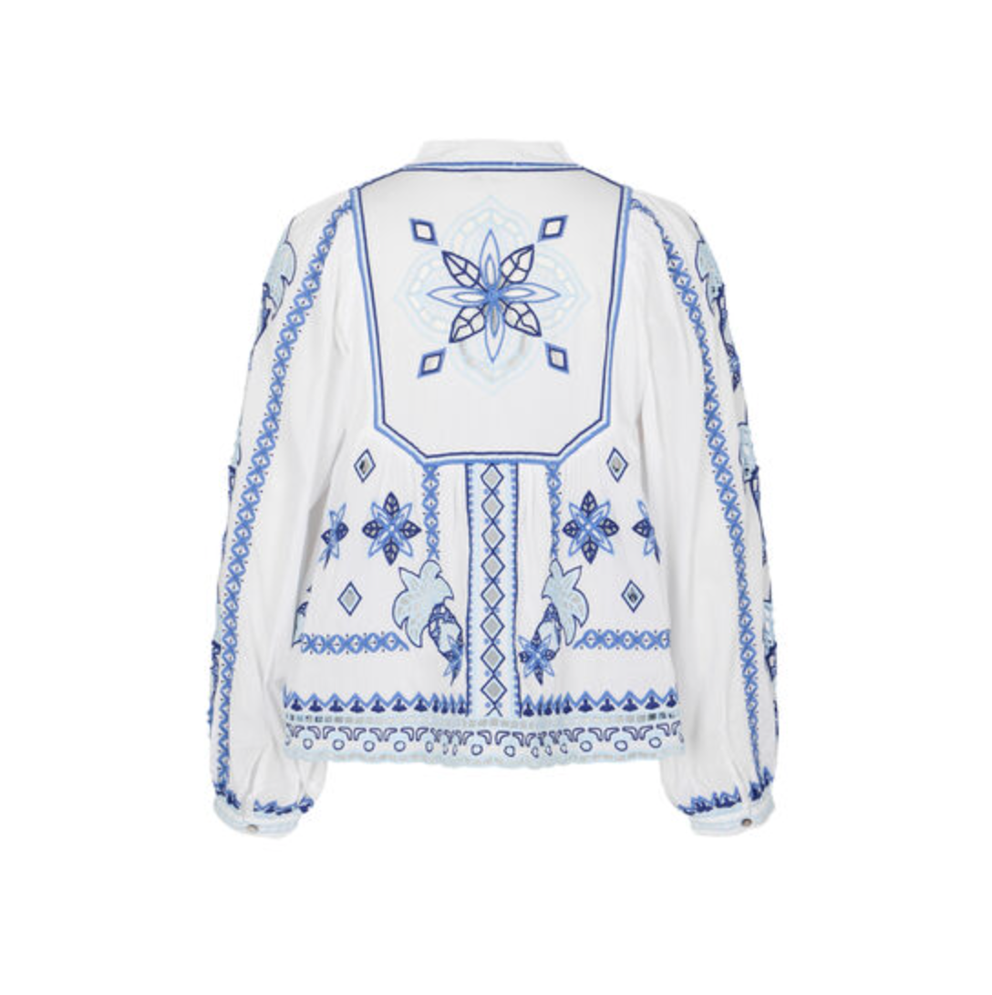 Bluse mit Hohlsaumstickerei - weiß/ blau