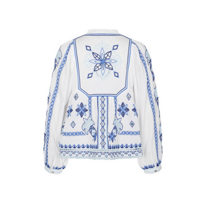 Bluse mit Hohlsaumstickerei - weiß/ blau
