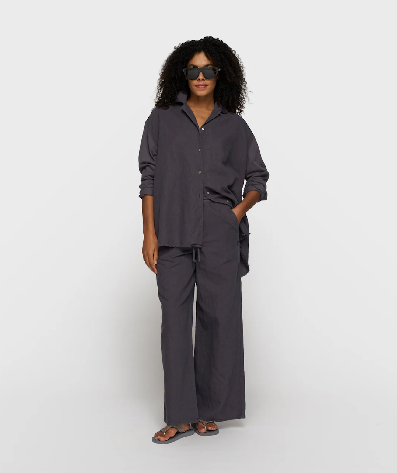 Cotton linen blouse - anthrazit (steel blue)