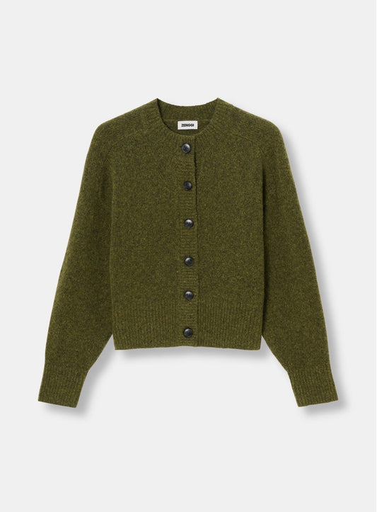 Lambswool Silk Round Neck Cardigan - fern green